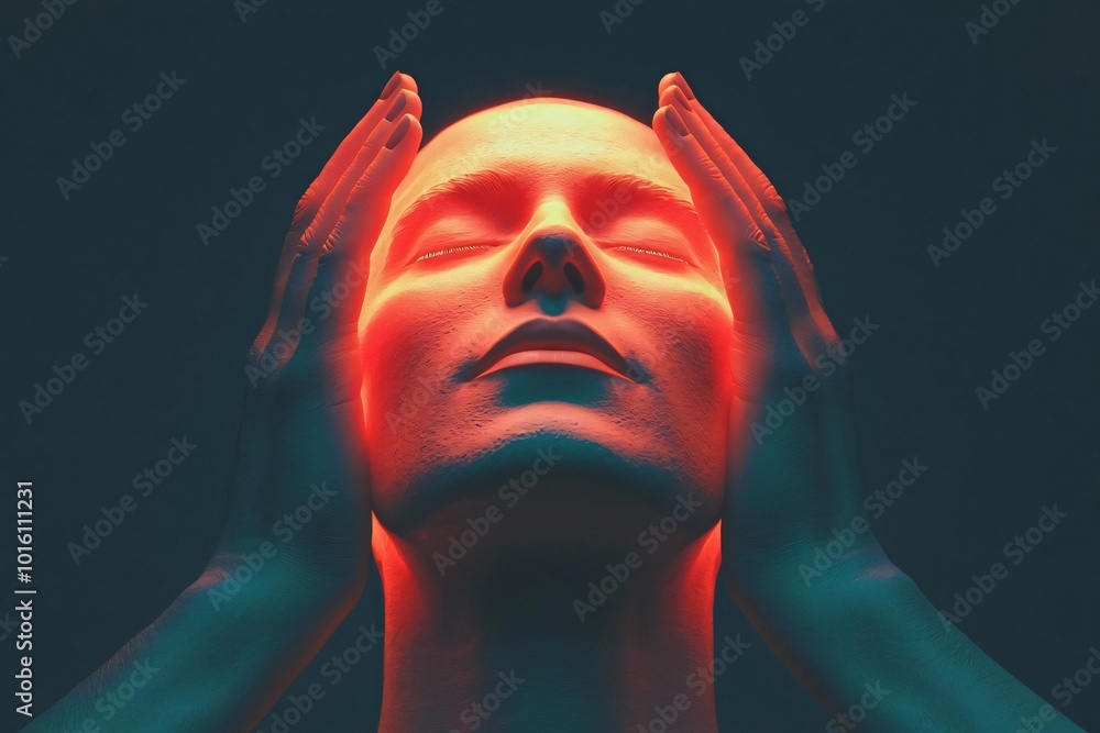 Poster a serene figure illuminated by soft red light, embodying tranquility and introspection, showcasing a