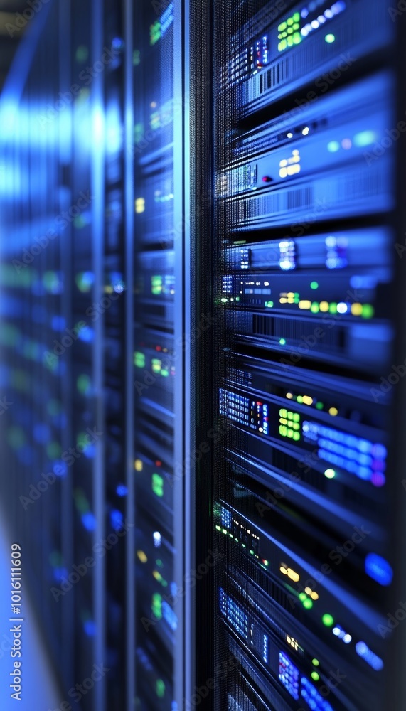 Aufkleber servers in data center. cloud computing and hosting facility with big data connection racks
