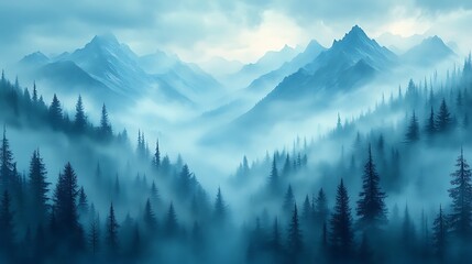 Obraz premium Misty mountain landscape with coniferous forest.