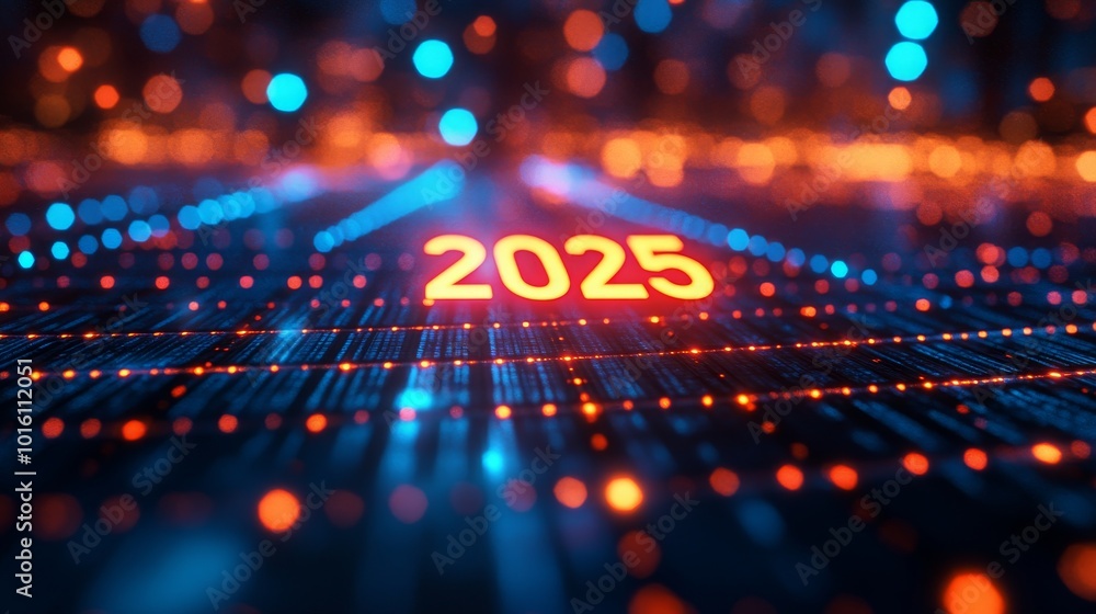 Poster the year 2025 displayed on a glowing cyber grid during a digital transformation event