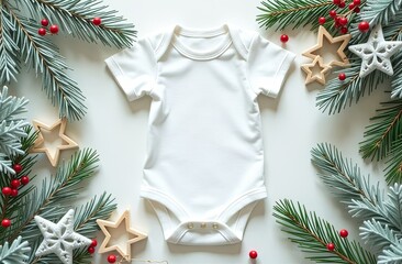 Christmas white baby girl or boy onesie mockup flat lay with wooden stars  and xmas tree branches on a white background. Design onesie template, print presentation mock up. Top view.