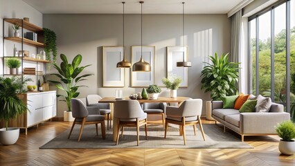 Fototapeta premium Transform your space with this elegant modern living and dining room poster mockup featuring a sleek white frame and ample copy space for your unique