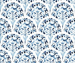 Seamless watercolor tile pattern. Blue and white wavy ornament. Grunge paper texture. Handmade.