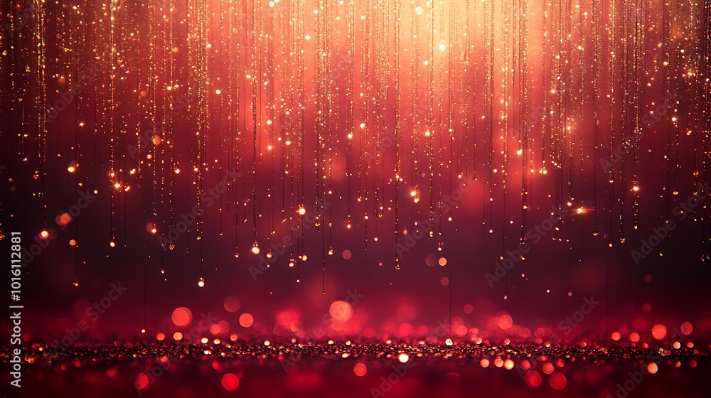 Poster abstract red and gold background with sparkling lights and bokeh effect.