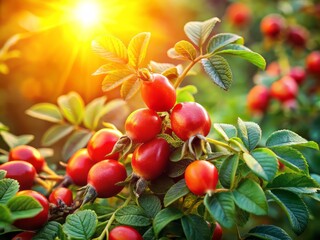 Obraz premium Vibrant briar berries nestle among lush green foliage, showcasing the beauty of the Wild Rose Hip shrub, a perfect subject for food photography.