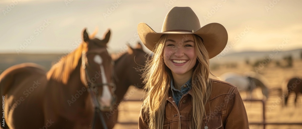 Wall mural Smiling woman in cowboy attire poses with horses in pen against mountain backdrop under gray sky.