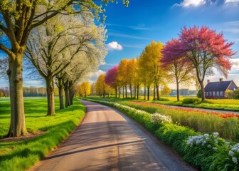 Fototapeta premium Vintage Spring Landscape of Oirschotsedijk and Strijp R in Eindhoven with Lush Greenery and Blossoming Flowers
