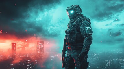 Fototapeta premium Futuristic soldier stands against a vibrant cosmic backdrop with streaks of light during a space battle
