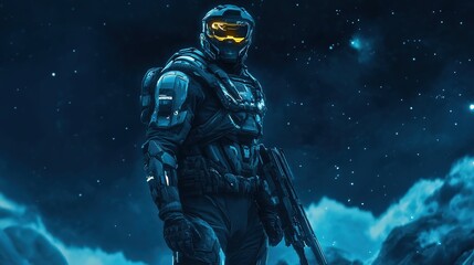 Fototapeta premium Futuristic soldier stands against a vibrant cosmic backdrop with streaks of light during a space battle