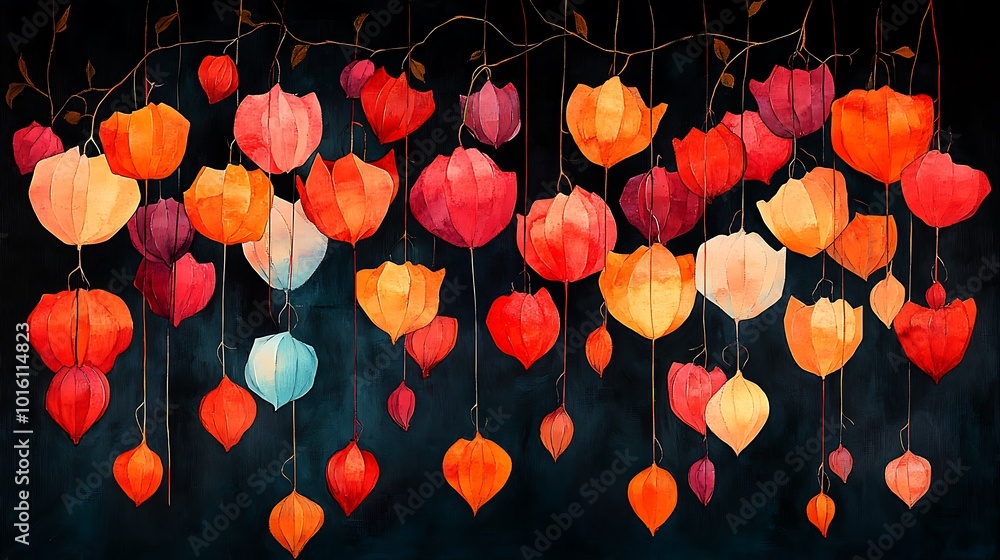 Aufkleber a vibrant string of colorful lanterns hang from a vine against a dark background.