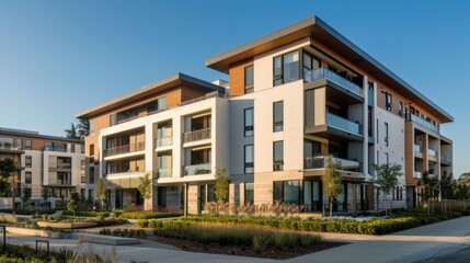 The image depicts a modern apartment complex with three-story buildings featuring large windows, glass balconies, and a mix of tan and grey exteriors. Surrounding greenery, stone paths,