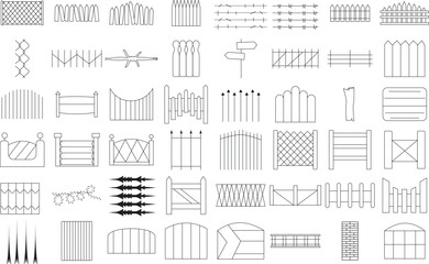 Bamboo, wooden and metal wire fence icon set. Thin line art editable stroke.