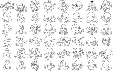 Octopus icon set for logo and T-Shirt design. Thin line art editable stroke.