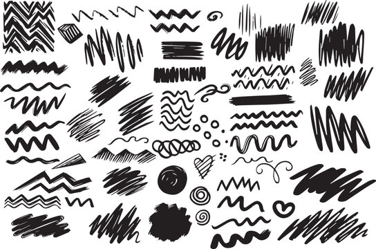 Vector hand drawn charcoal pencil squiggles, rough brush strokes, scribbles, bold zigzag line and swirls. Crayon doodle wavy strip, chalk smears, curly underlines. Black coal scratch or squiggly lines