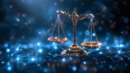 The scales of justice shine brightly against a backdrop of digital innovation, symbolizing the intersection of law, technology, and online advocacy in todays world