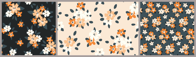 Seamless floral pattern with small yellow flowers. Cute ditsy print, abstract botanical ornament: hand drawn plants, tiny flowers, leaves simple bouquets. Country motif fashion. Vector illustration. © Yulya i Kot