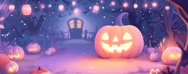 Charming Halloween scene with glowing pumpkins, eerie lights, and a whimsical house, perfect for autumn celebrations.