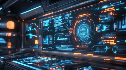 Obraz premium A futuristic control panel illuminated in vibrant colors, hovering in the depths of outer space among celestial bodies and star clusters