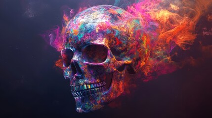 Colorful Skull 3D Render with Abstract Patterns and Smoke