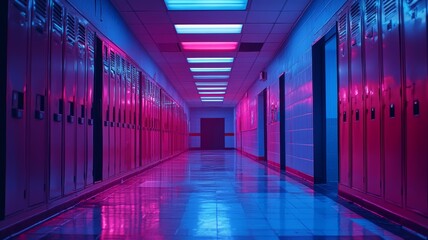 Fototapeta premium Neon Lit School Hallway with Lockers