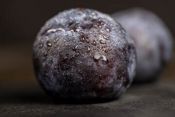 close-up of purple plum fruits in drops of water