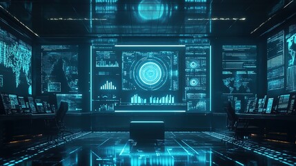 Fototapeta premium A futuristic control panel illuminated in vibrant colors, hovering in the depths of outer space among celestial bodies and star clusters