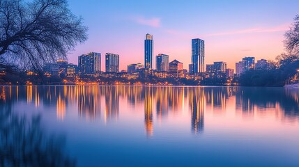 Obraz premium Vibrant city skyline at dusk reflected on calm waters with colorful clouds in the sky
