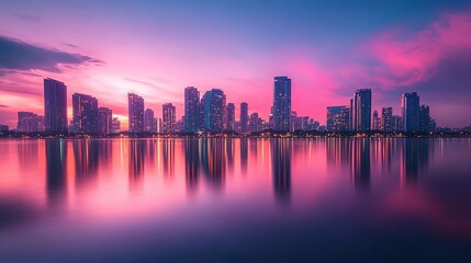 Fototapeta premium Vibrant city skyline at dusk reflected on calm waters with colorful clouds in the sky