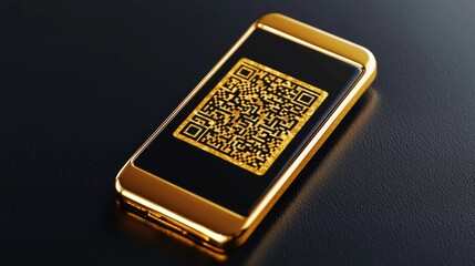 Elegant Gold Smartphone with QR Code on Dark Surface
