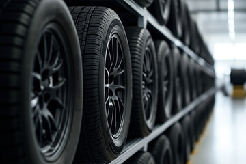 Fototapeta premium Rows of new car tires with black rims are neatly arranged on metal shelves in a well-lit warehouse or storage facility.