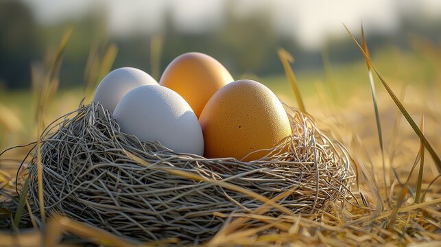 Nest with brown and white eggs in natural field setting, rustic farm scene - Powered by Adobe
