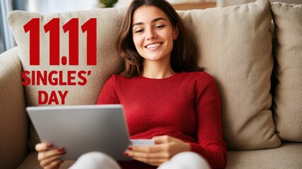 A woman smiles while using a tablet on a couch, celebrating Singles' Day, highlighted by the date 11.11 in bold red text.
