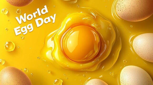 World Egg Day text on raw egg yolk background, food celebration concept