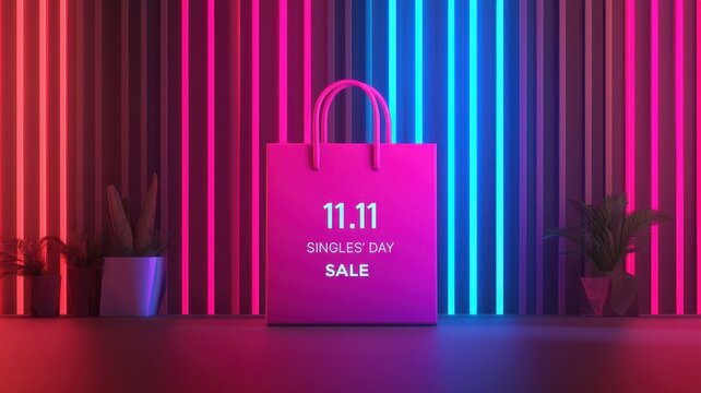 A vibrant shopping bag announces the 11.11 Singles' Day sale, set against a backdrop of colorful neon lights.