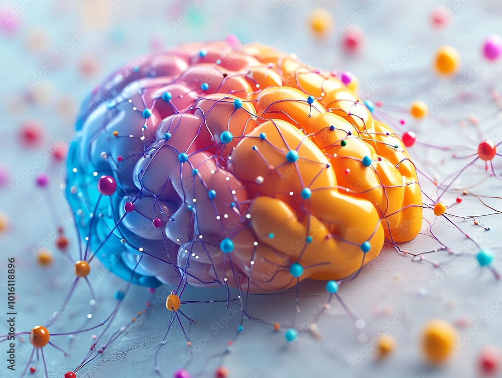 Poster a colorful 3d rendering of a brain with connected dots.