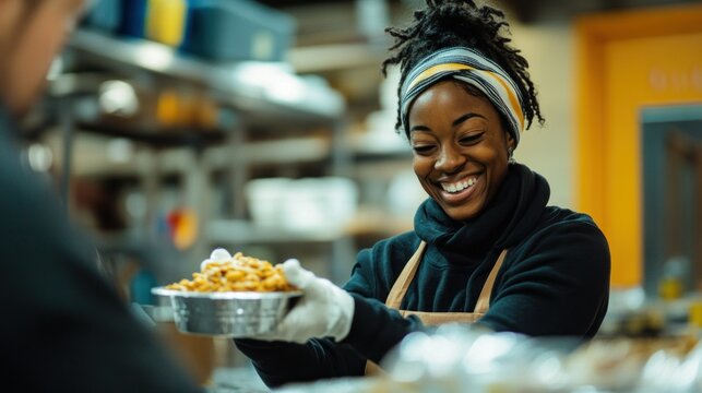 A candid shot of a person volunteering at a food bank, smiling genuinely as they hand a meal to someone in need