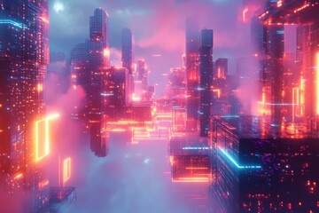 Fototapeta premium A Futuristic Neon Cityscape: Embracing the Surreal Beauty of Technology and Digital Architecture