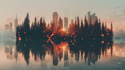 Obraz premium Serene Cityscape Reflection with Forest at Dusk