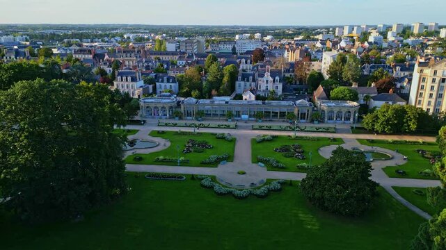 Parc du Thabor with botanical gardens, Rennes, France. Aerial drone sideways