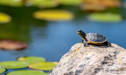 Obraz premium A baby turtle catching some sun on a rock, Generative AI