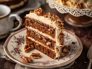 Delicious Slice of Carrot Cake with Pecan Topping