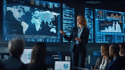 A businesswoman presenting global investment opportunities to a team of executives, digital charts and data displayed on large screens