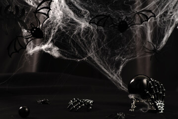 Divination ball, candles, skeleton and spider- a fall witch's Halloween scene.