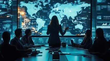 A businesswoman presenting international trade strategies to a team of executives, modern boardroom with digital charts and maps