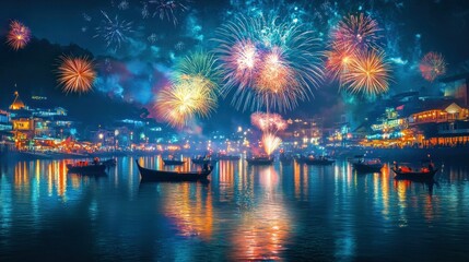 Fototapeta premium A fireworks display reflected in a city river as boats sail beneath, capturing the magical glow of New Year's Eve celebrations on the water