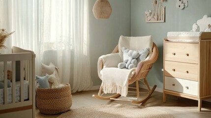 A dreamy nursery with soft pastel colors, whimsical decor, and a comfortable rocking chair, creating a soothing environment for parents and babies alike