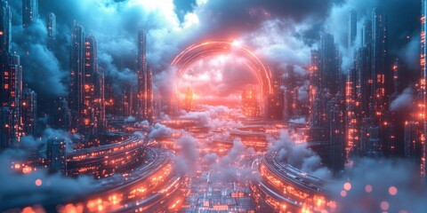 Exploring a Futuristic Cityscape Bathed in Neon Lights and Clouds