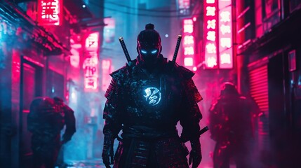Obraz premium A futuristic warrior stands in a neon-lit alley adorned with vibrant signs, blending tradition and technology at night