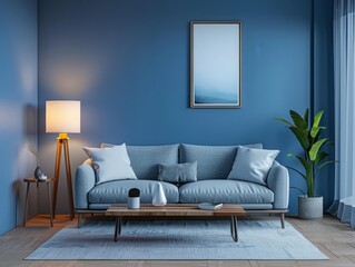 Modern Living Room with Blue Walls and Cozy Decor