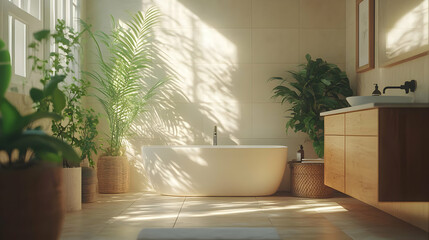 Fototapeta premium Sunlight Streaming Through Window in Modern Bathroom Illustration